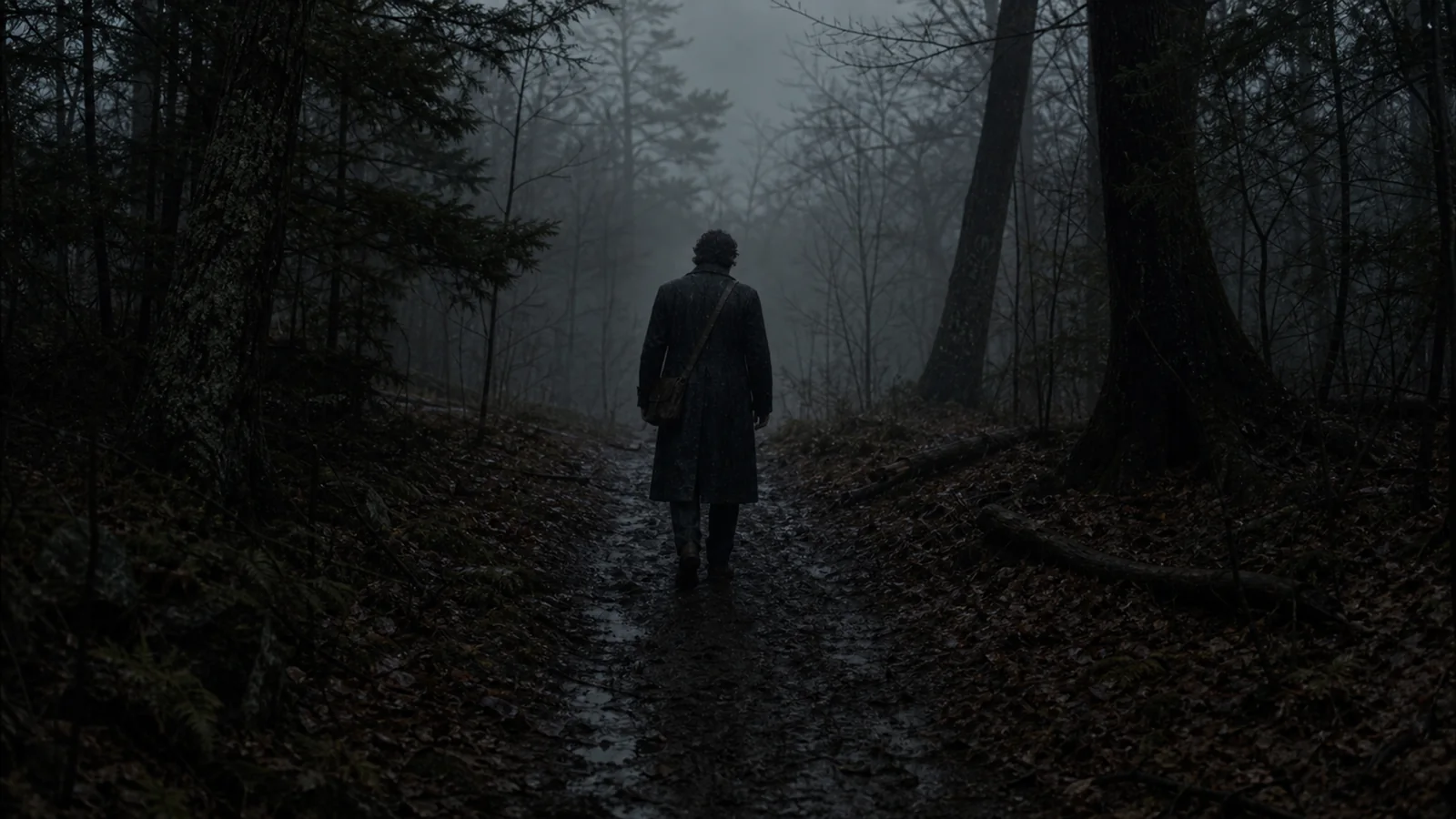 The Picture In The House — film frame - Man walks through dark forest 