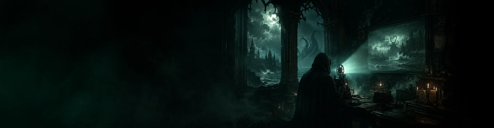 Ancient projector screening Lovecraft-inspired cosmic horror videos and cinematic Cthulhu Mythos stories.