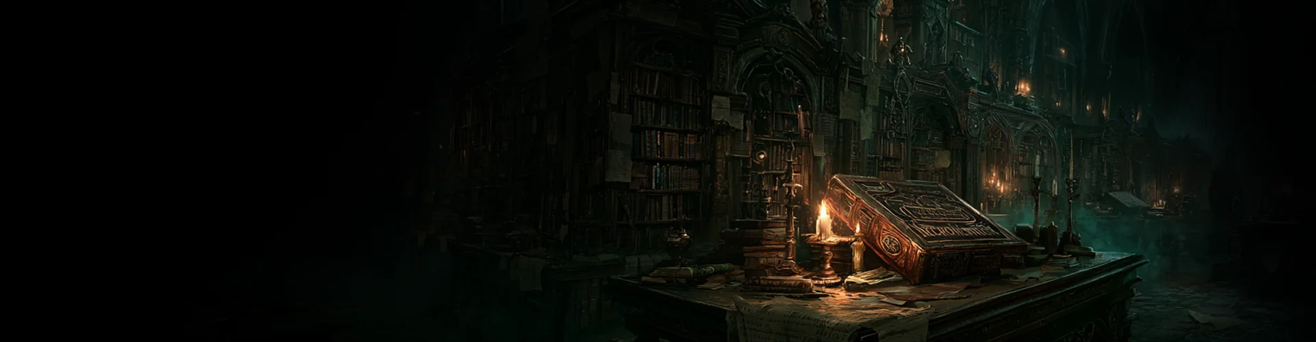 Ancient gothic library filled with forbidden books and grimoires, representing the Unspeakable Tales collection of Lovecraft ebooks and cosmic horror stories.