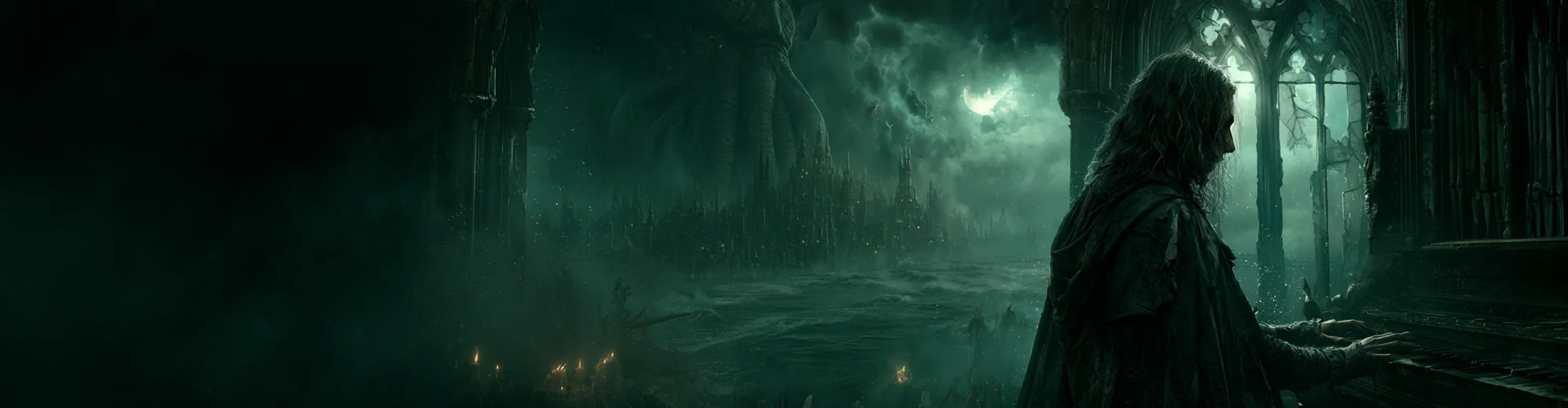 Dark musician performing Lovecraft-inspired metal and atmospheric cosmic horror music.