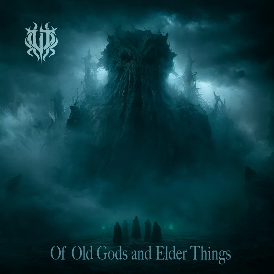 Album cover for "Of Old Gods and Elder Things" by Unspeakable Tales featuring a colossal Lovecraftian sea god rising from the mist as hooded cultists gather beneath storm-darkened skies.