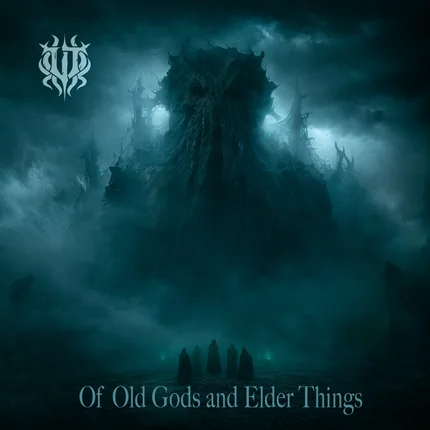 Album cover for "Of Old Gods and Elder Things" by Unspeakable Tales featuring a colossal Lovecraftian sea god rising from the mist as hooded cultists gather beneath storm-darkened skies.