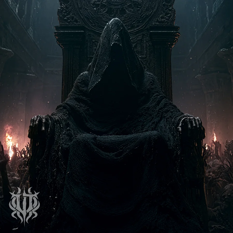 Cover art for the song "A Thousand Masks" by Unspeakable Tales featuring a hooded, faceless figure seated on a dark throne amid firelit bones and an ominous temple interior.