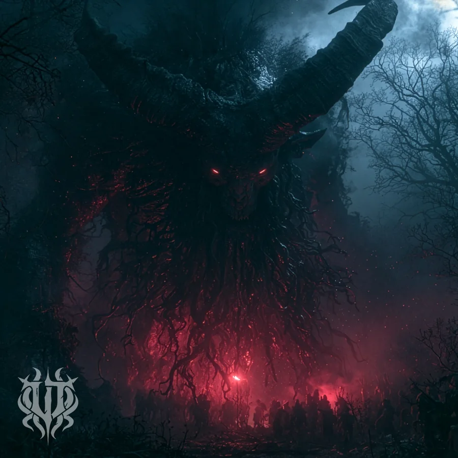 Cover art for the song "The Black Goat of The Woods" by Unspeakable Tales featuring a colossal horned abomination towering above a firelit ritual gathering in a dark forest.