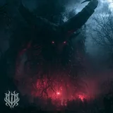Cover art for the song "The Black Goat of The Woods" by Unspeakable Tales featuring a colossal horned abomination towering above a firelit ritual gathering in a dark forest.