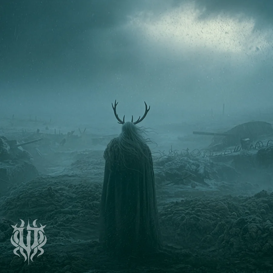 Cover art for the song "The Dreamkeeper" by Unspeakable Tales featuring a lone horned wanderer standing across a bleak, mist-covered wasteland beneath a storm-darkened sky.