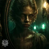 Cover art for the song "Esoteric Order of Dagon" by Unspeakable Tales featuring a young Deep One hybrid reflected in an antique mirror, inspired by Lovecraft's The Shadow over Innsmouth.