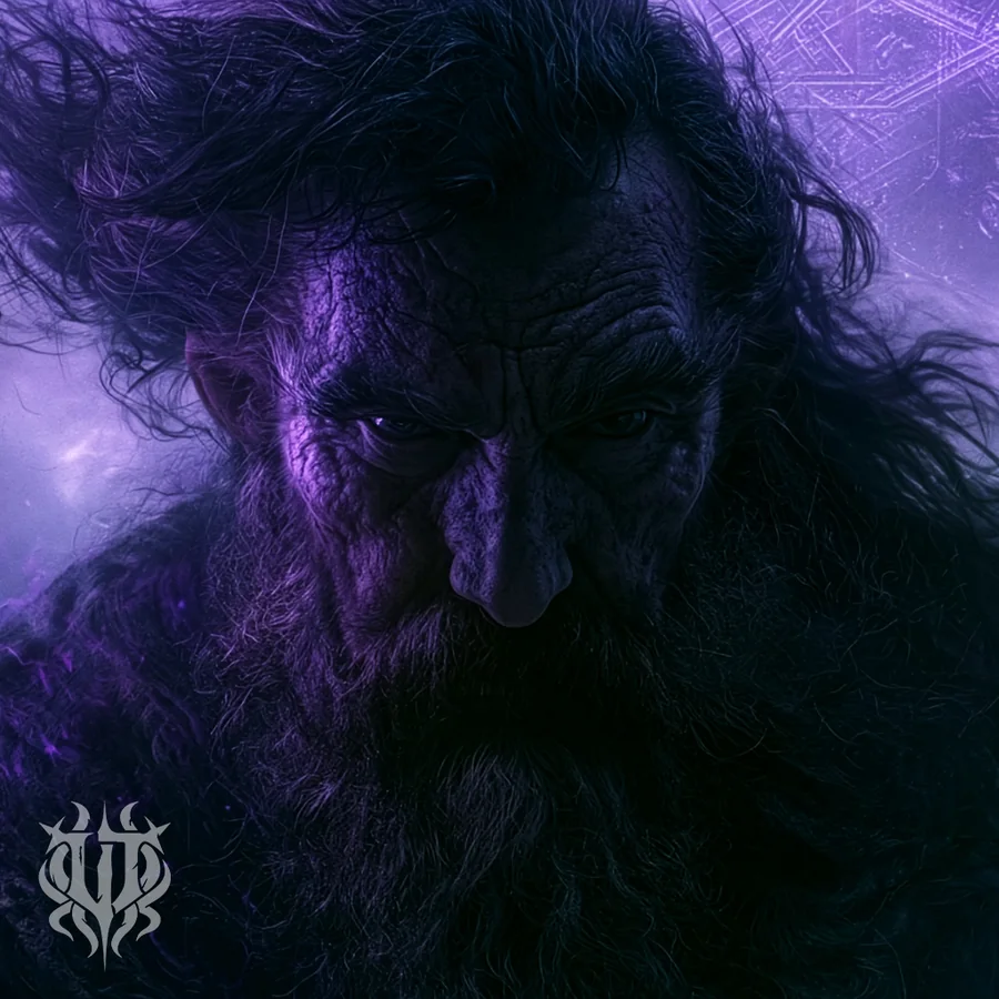 Cover art for the song "The Key and The Gate" by Unspeakable Tales featuring an ancient, otherworldly figure surrounded by violet cosmic light and arcane symbols associated with Yog-Sothoth.