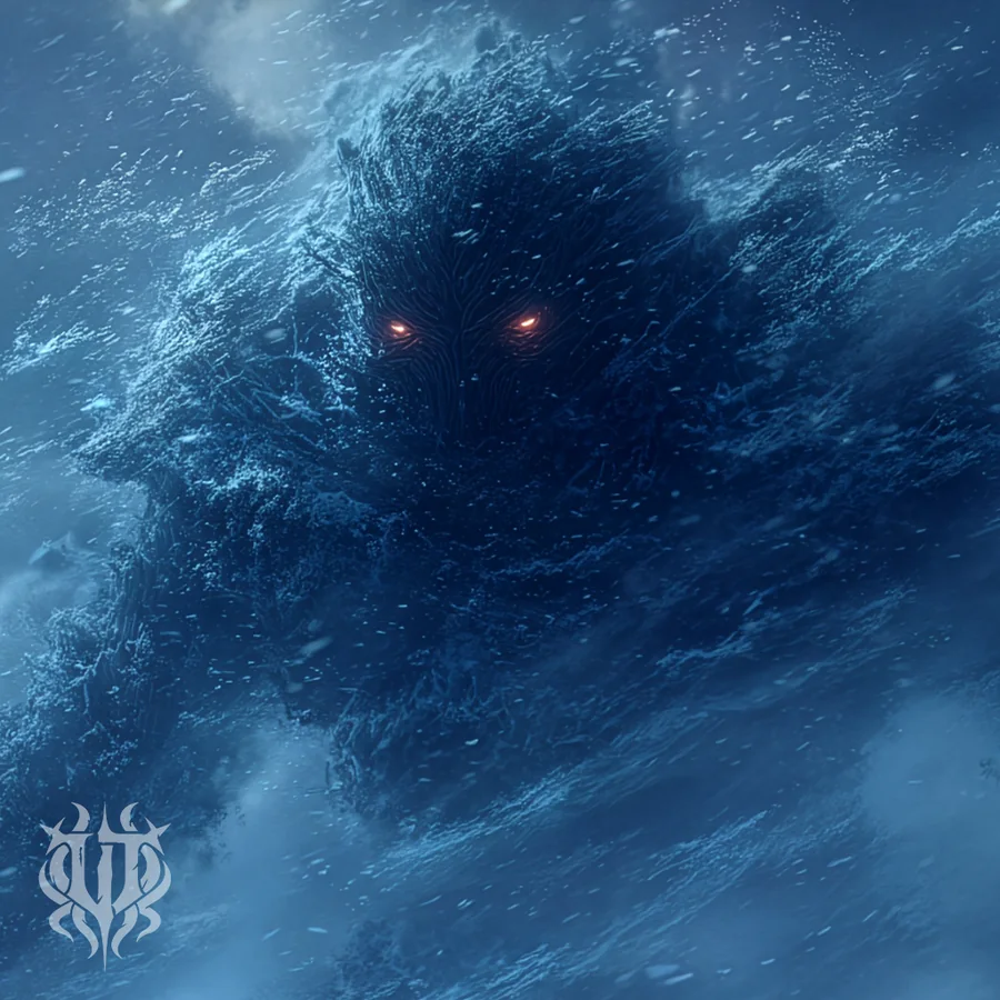 Cover art for the song "The Wind Walker" by Unspeakable Tales featuring a colossal shadowy entity emerging through a violent blizzard with glowing eyes.