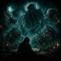 Dark Lovecraftian cover art showing a hooded scholar studying forbidden lore in a gothic chamber, surrounded by eldritch gods, Great Old Ones and monstrous beings from the Cthulhu Mythos.
