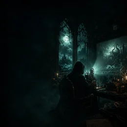 Dark Lovecraftian video cover showing a hooded figure operating an old film projector inside a gothic study, with moonlit ruins, ocean waves and a tentacled cosmic horror projected on the wall.