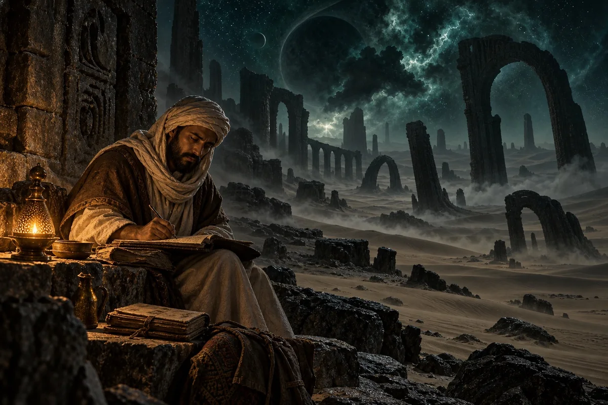 The fictional Alhazred writing beside ruins in the desert.
