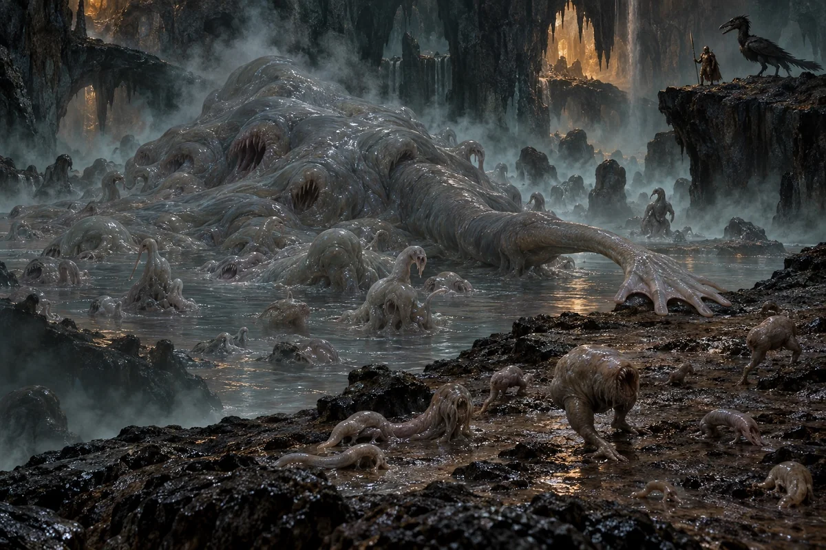 A gray organic mass fills a steaming cavern pool, extending a temporary webbed hand as varied creatures emerge onto the muddy shore.