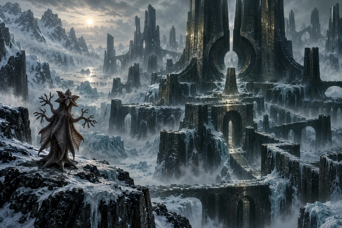 Explorers approach an immense alien city among ice and dark peaks.