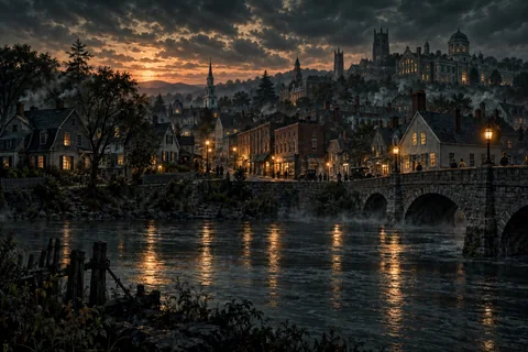 Arkham’s gambrel roofs and university above the Miskatonic River.