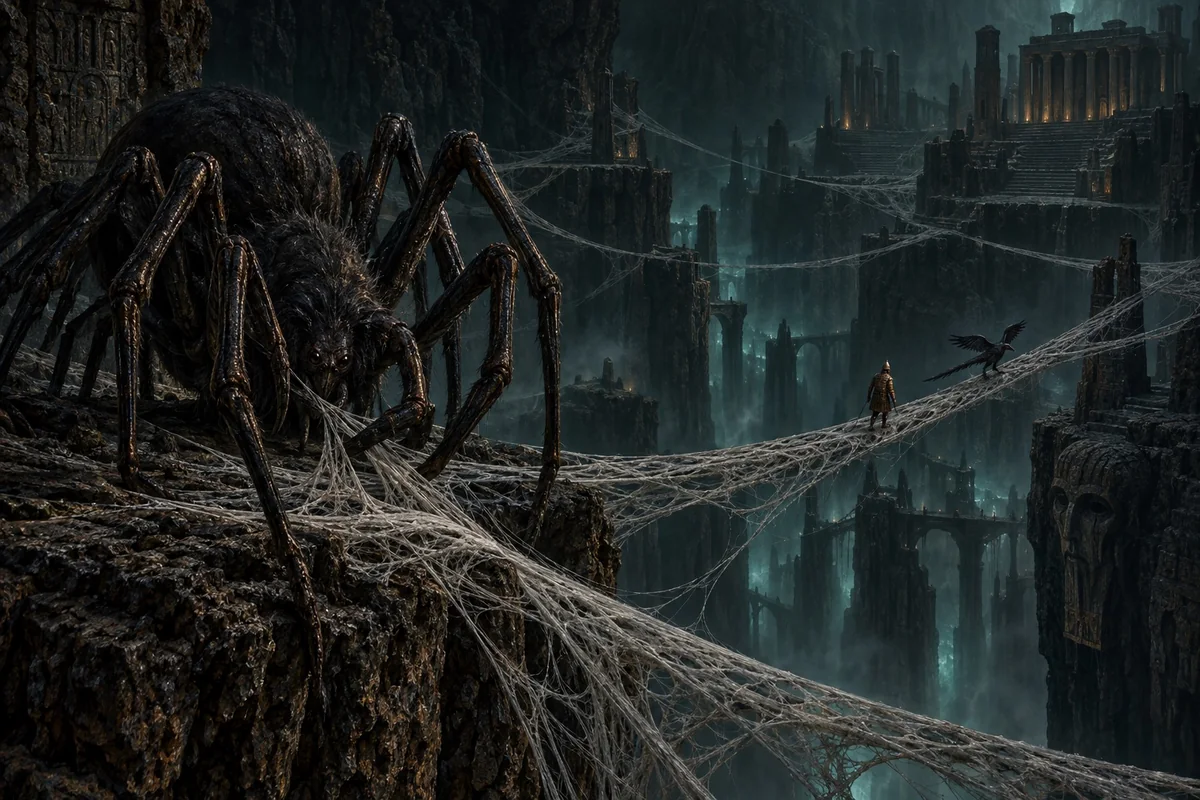 A dark spiderlike deity works beside web bridges across an immense cavern, while an armored traveler follows a bird toward distant palace steps.