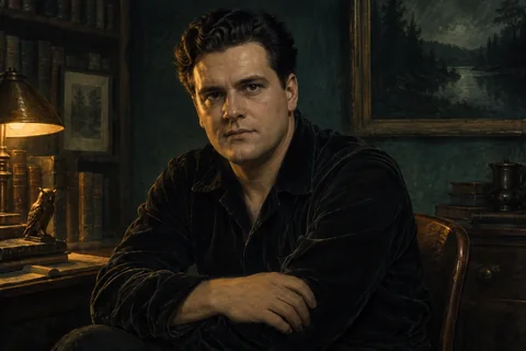 Generated painted interpretation of August Derleth in a dark velvet shirt.