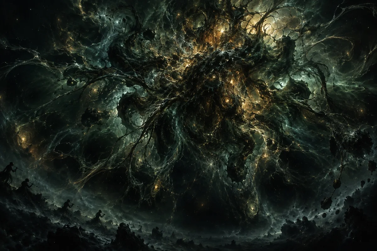Abstract turbulence and distant piping figures suggest an inhuman cosmic center.
