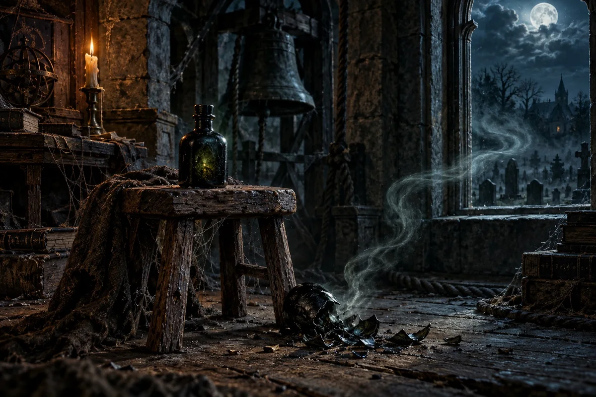 One dark bottle remains intact while pale vapor rises from a second shattered bottle in an imagined church belfry.