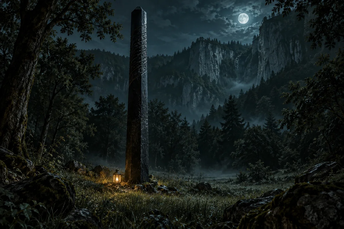 A slender black octagonal monolith stands among trees beneath dark cliffs.