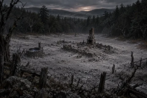 Gray lifeless earth surrounds a ruined cellar, broken chimney and old well in a dark New England valley.