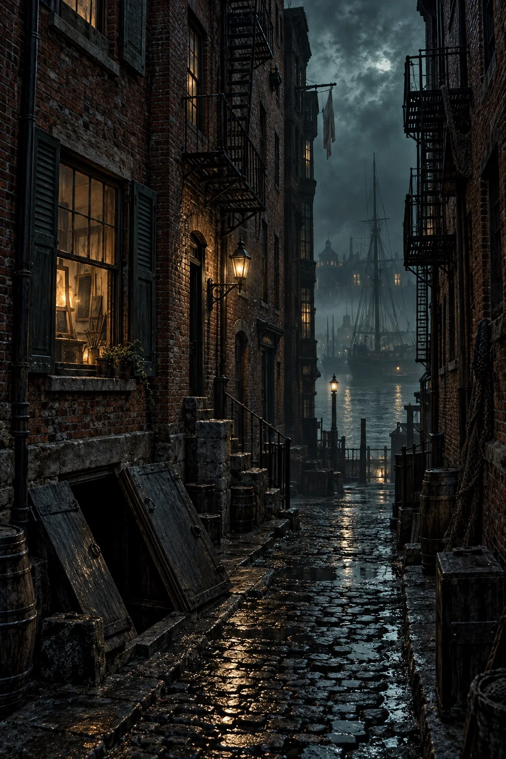 An imagined Boston brick alley descends toward harbor fog beside a dim studio and shadowed cellar.