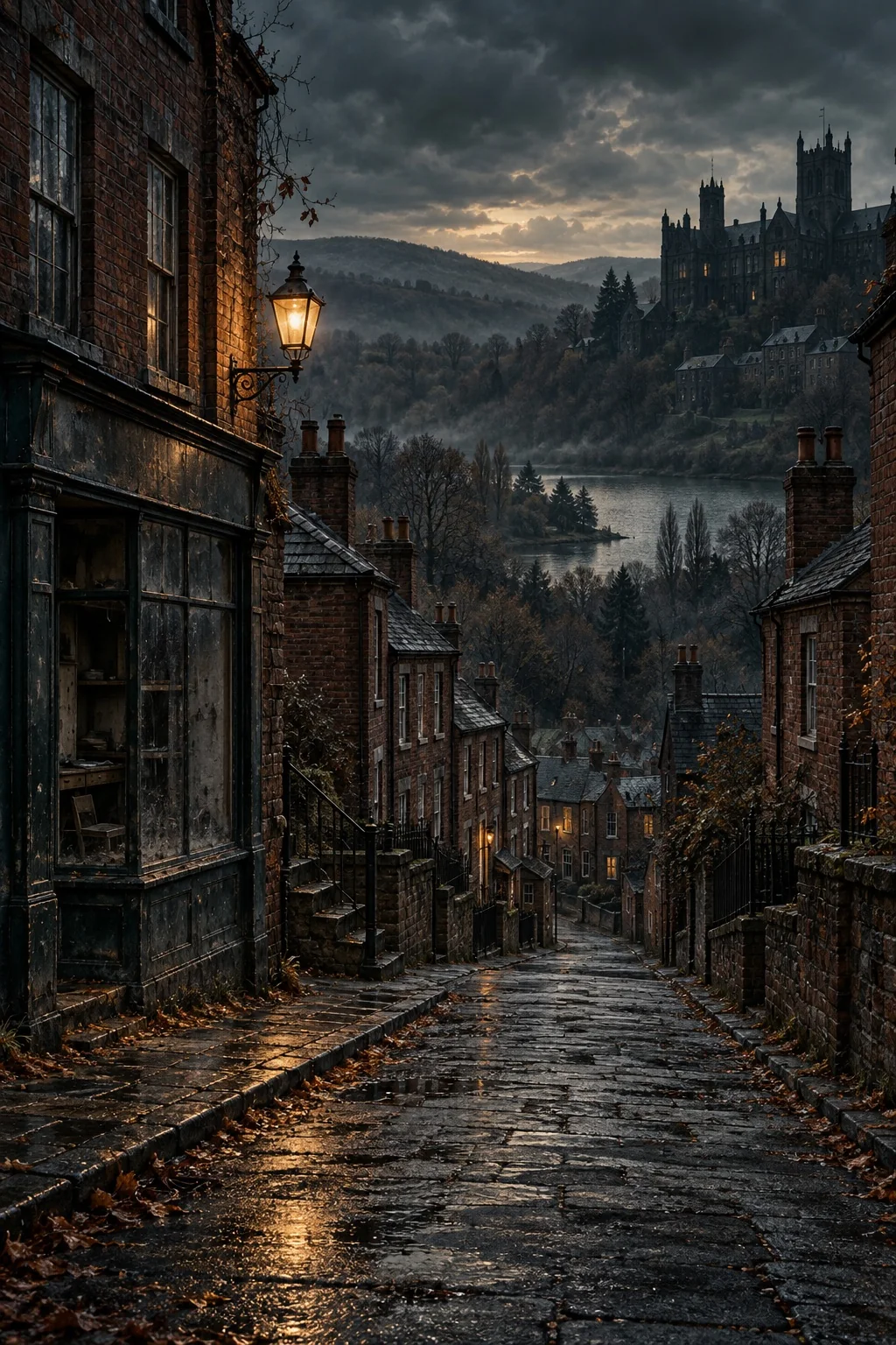 An empty English brick street descends toward a lake beneath wooded hills and an old institution.