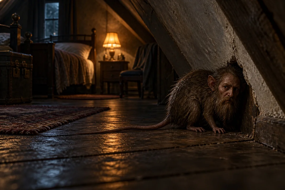 A ratlike familiar with a bearded human face peers from the witch-house wall.
