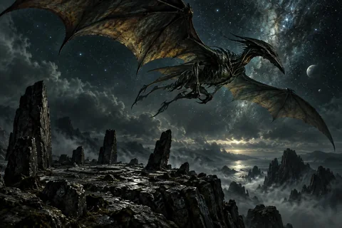 A winged interstellar creature passes above a remote summoning site.