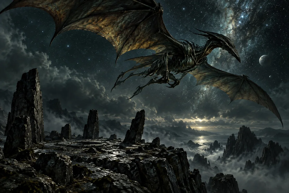 A winged interstellar creature passes above a remote summoning site.