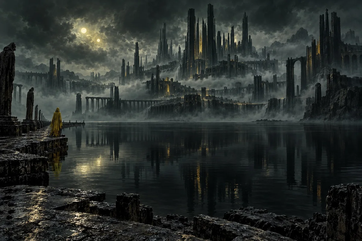 A dark city and a distant yellow-robed figure suggest Chambers’s imagined world.