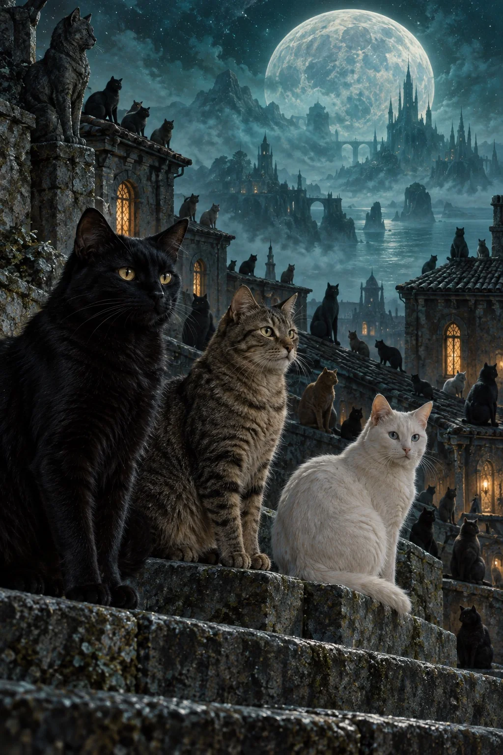 Domestic cats gather on old dream-city roofs and steps under an immense moon; an artistic evocation of their secret life.