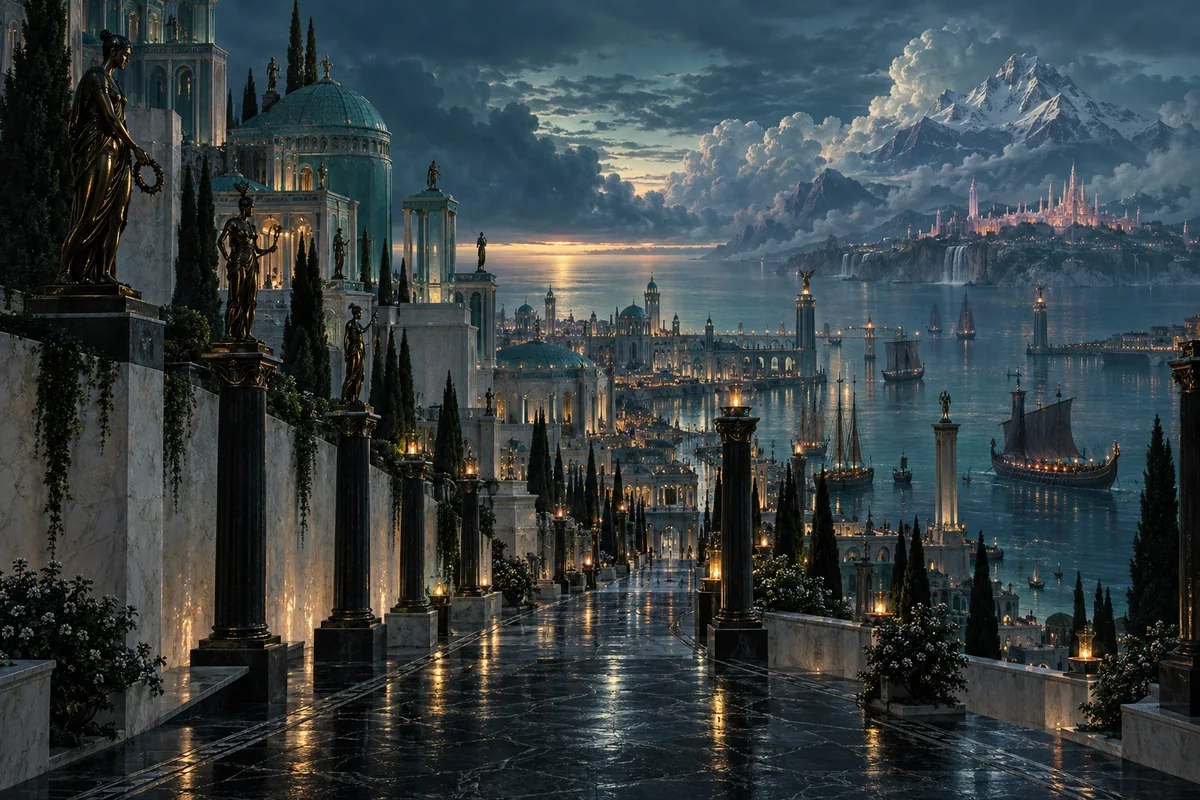 An onyx-paved avenue descends between marble buildings and bronze statues toward a glowing dream harbor beneath a snowy mountain.
