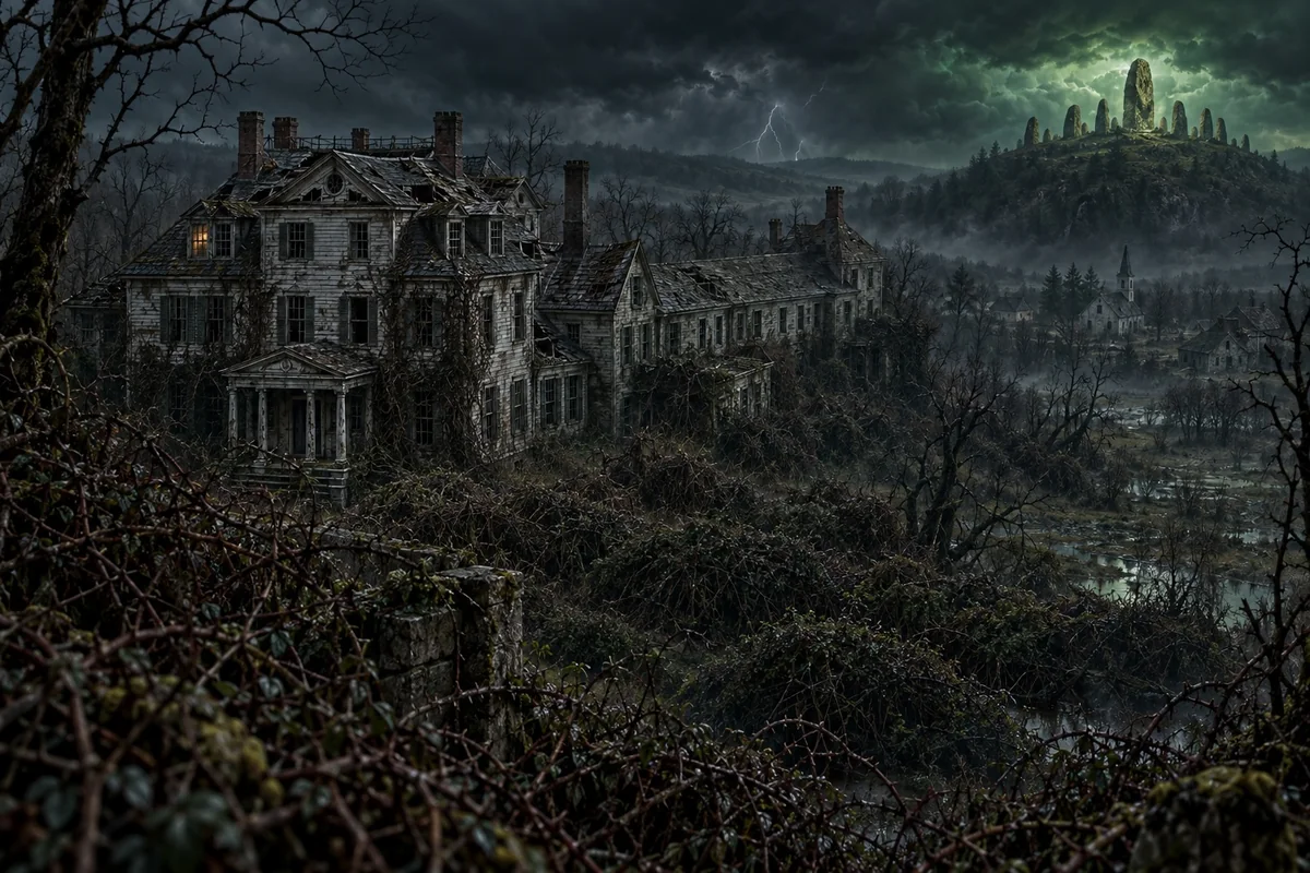 A decaying wooden mansion lies behind dense thorn bushes, with a greenish stone circle on a separate hill above the village.