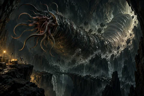 A massive subterranean burrower breaks through fractured stone.