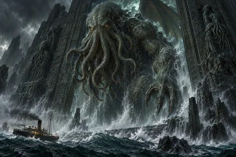 Cthulhu rising through a colossal stone doorway at R’lyeh.