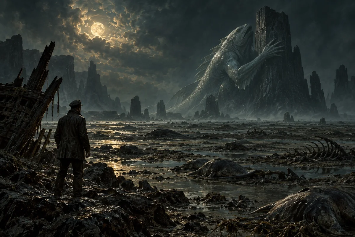 A vast aquatic being embracing a monolith on a raised seabed.