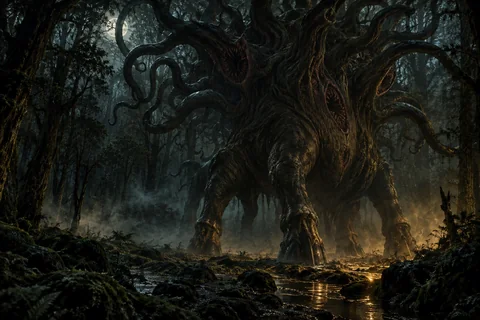 A hoofed tree-like Dark Young stands amid forest roots.