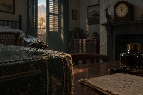 A small blue-winged fly rests on an old book in a shadowed hotel room, with a clock and journal in the background.