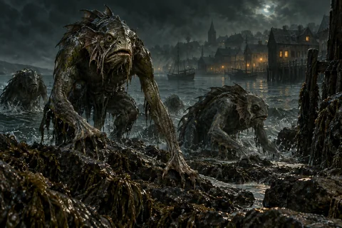 Fishlike and amphibian beings climbing from a moonlit sea.
