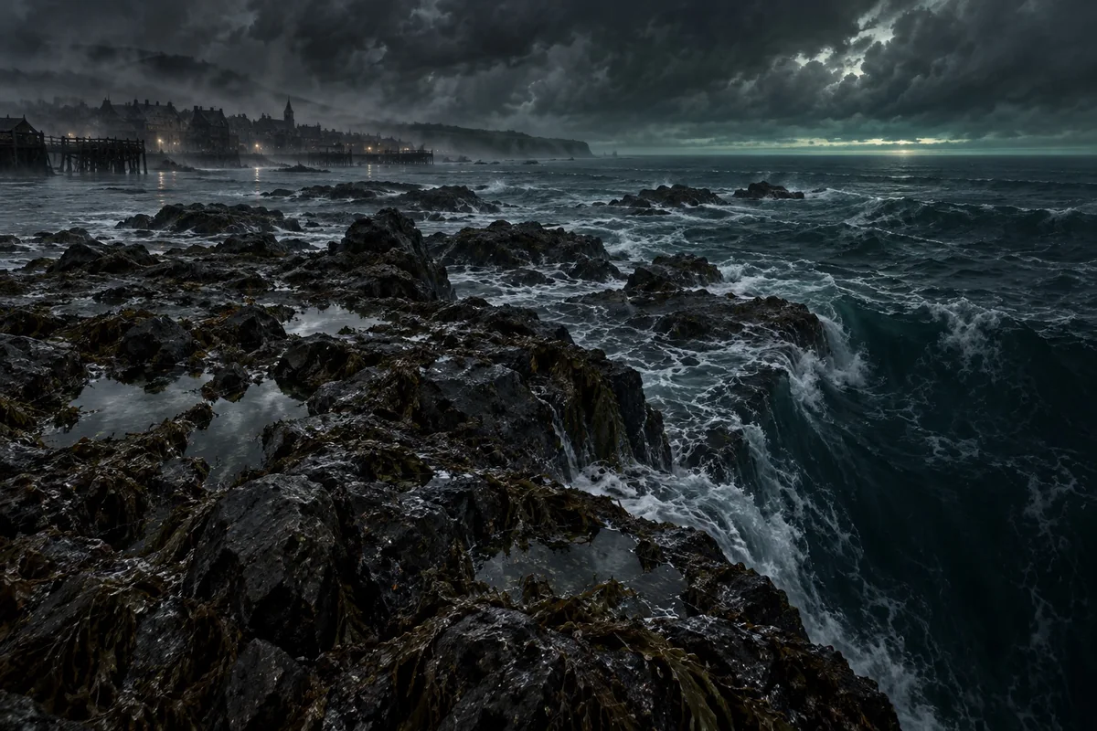 Wet black rocks and tide pools end in deep dark water, with Innsmouth’s decaying waterfront visible through distant fog.