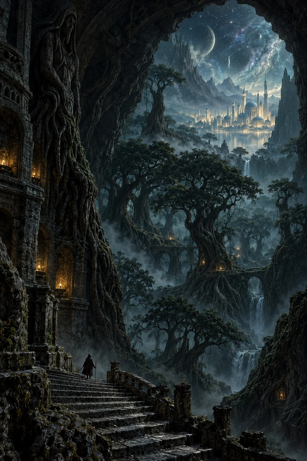 A lone dreamer descends ancient steps toward an immense enchanted forest and a distant luminous city; an imagined evocation, not a literal map.