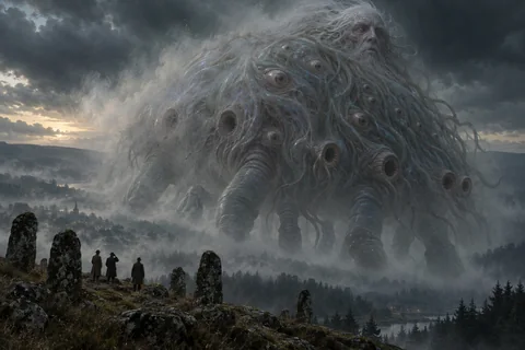 An enormous gray many-eyed mass with thick folding legs and a distorted Whateley-like face appears in powder and mist above Sentinel Hill.