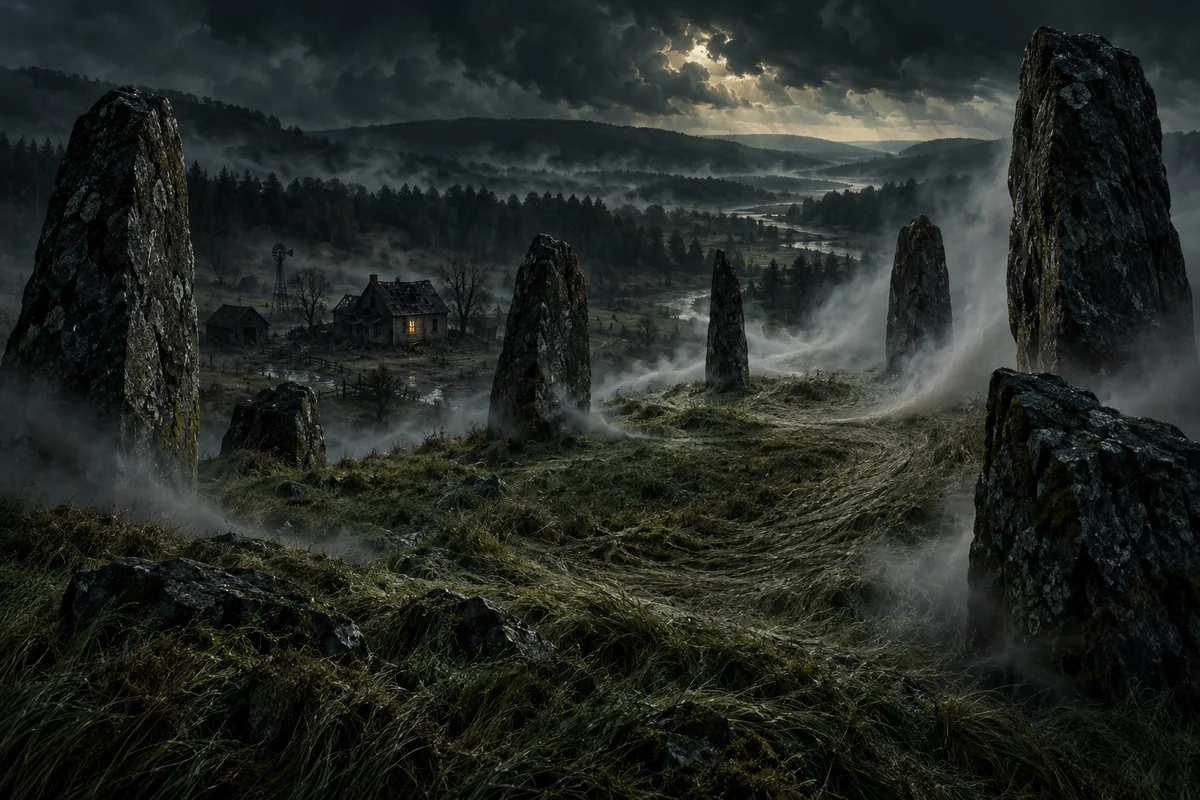 Standing stones overlook a distant farmhouse beneath disturbed mist.