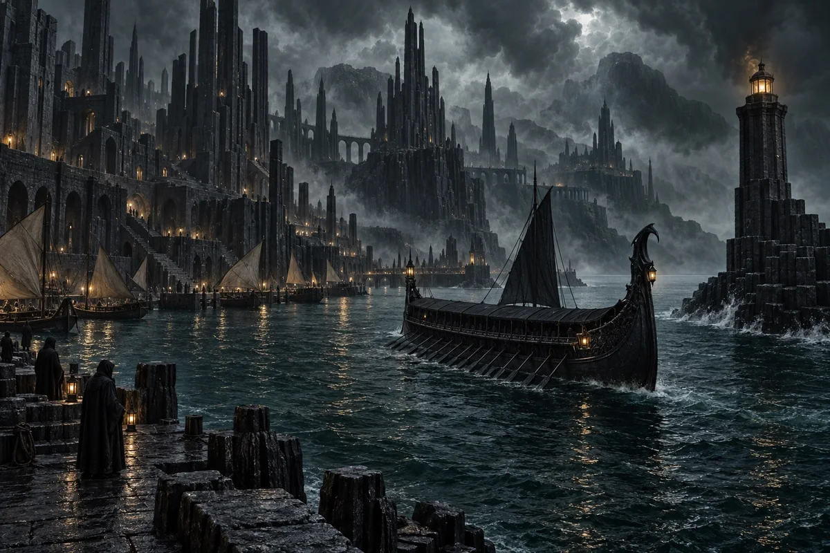 An ominous black galley approaches lantern-lit quays beneath a dense skyline of angular basalt towers and a harbor lighthouse.