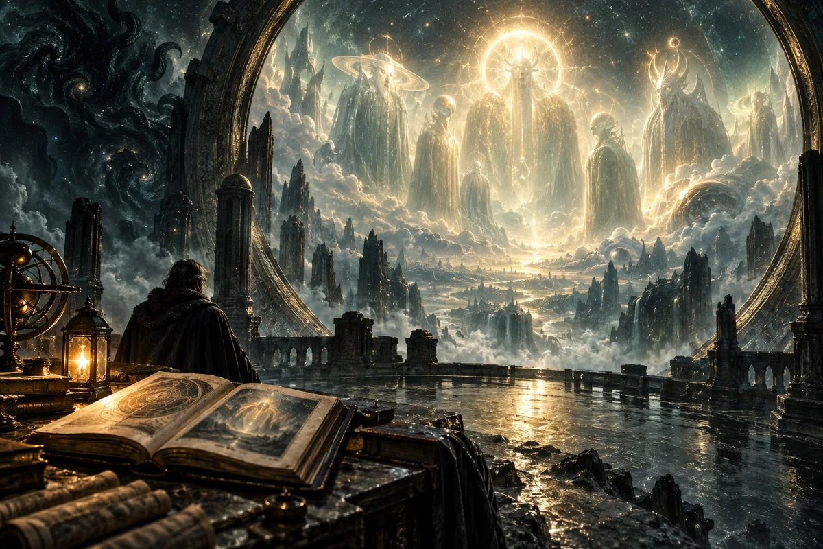 An abstract vision evokes the later tradition of opposing cosmic powers.
