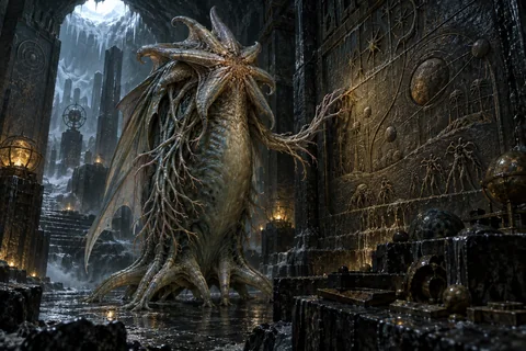 An Elder Thing examining carved records within the Antarctic city.