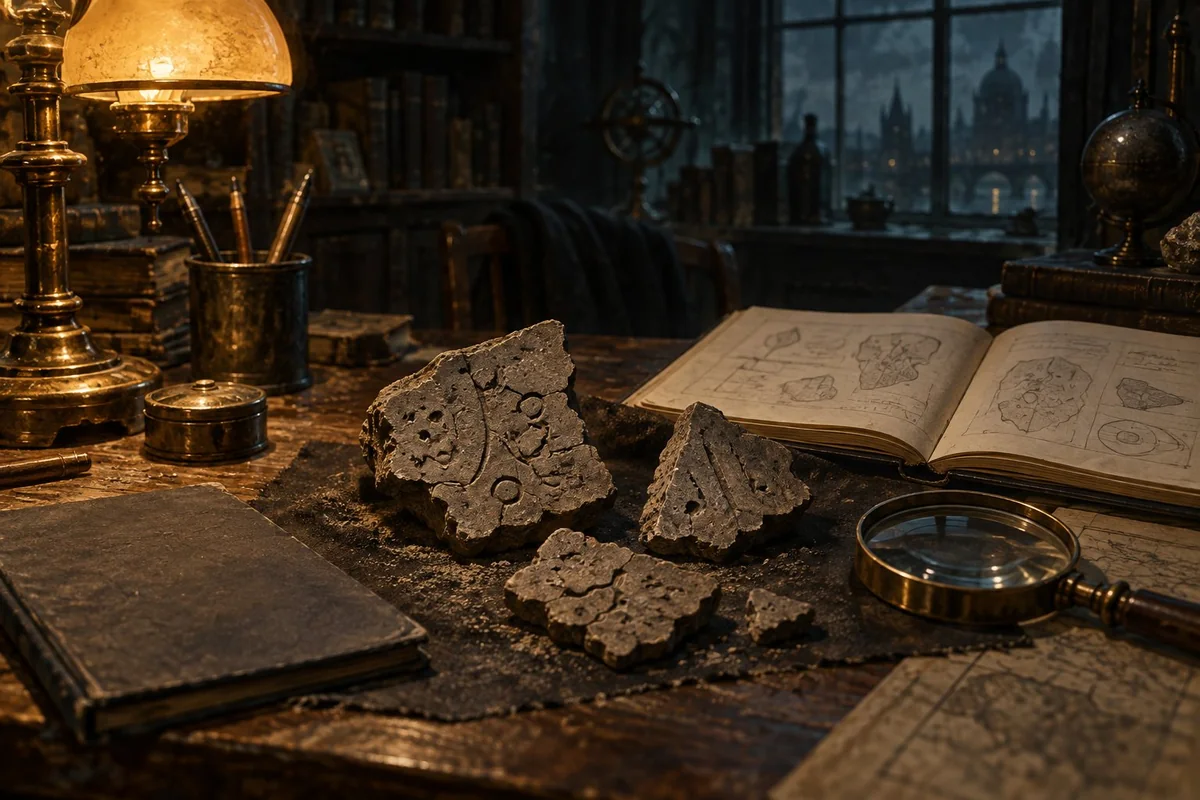 Broken clay fragments with ambiguous incisions lie beside a scholar’s notebook and magnifying glass.