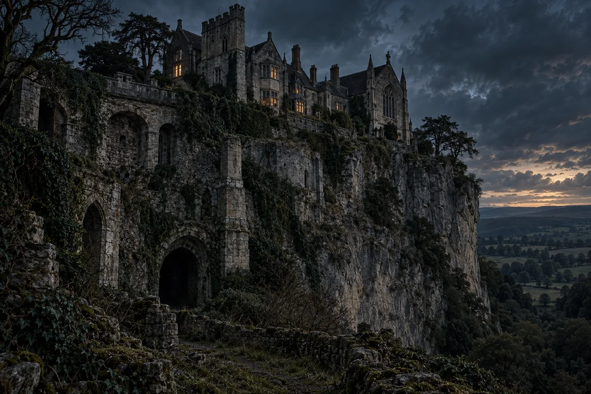 An ancient stone priory and later manor additions rise above a limestone cliff at dusk, with dark openings beneath the terraces.