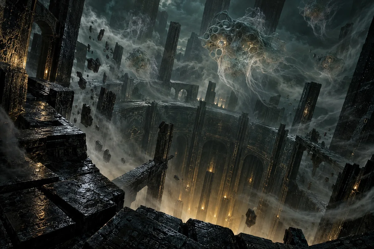 Partially invisible wingless forms disturb the air over sealed alien depths.